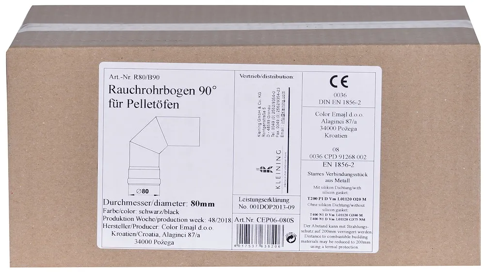 Pelletbogen 80 mm, 90&deg; o.T&uuml;r